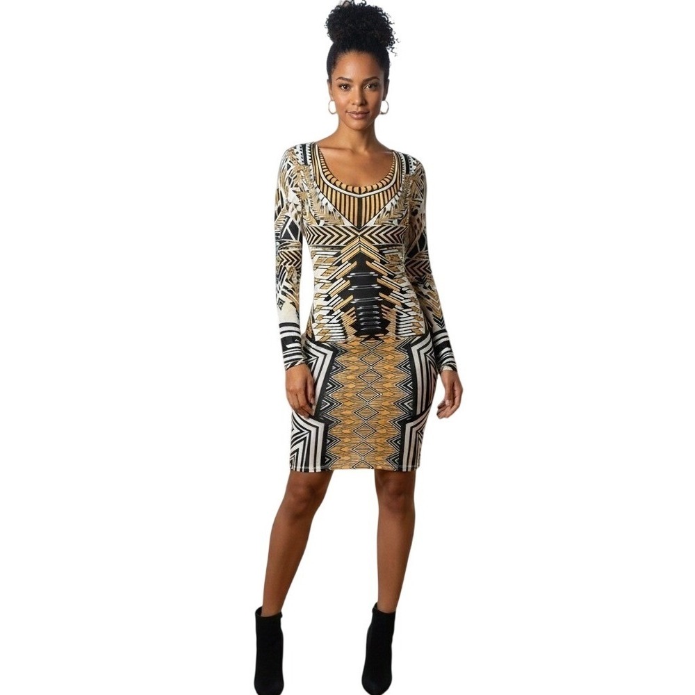 Aria Clothing‎ Bodycon Dress Womens Small Gold Black Geometric Mesh Mini